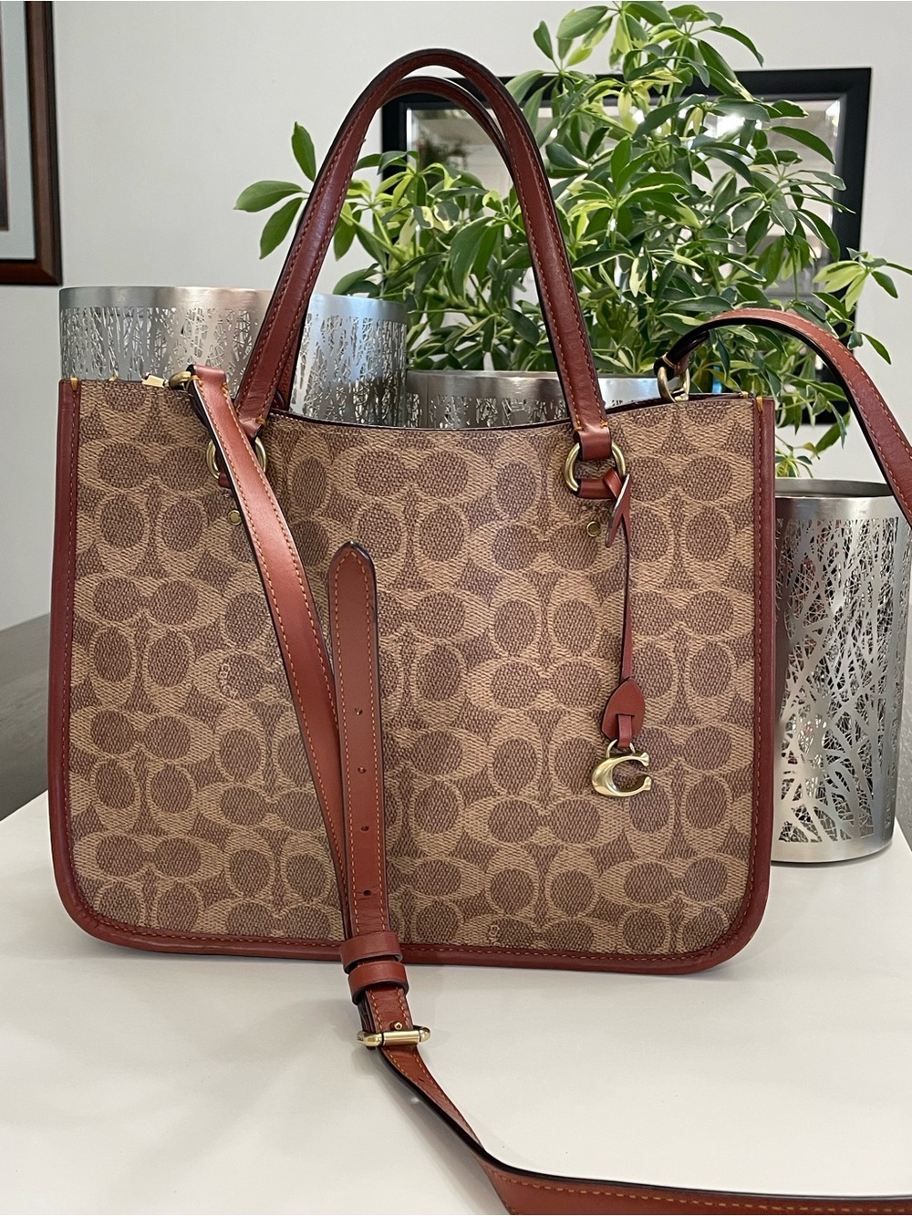 Coach Brown Signature Canvas Tote with Saddle Leather Trim - Picture 2 of 11